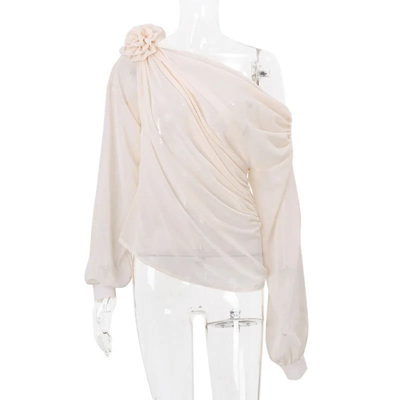 Women's Folds Flower Cover Up Mesh Sheer Long Sleeve Oversized See Through Cover-up Shirt
