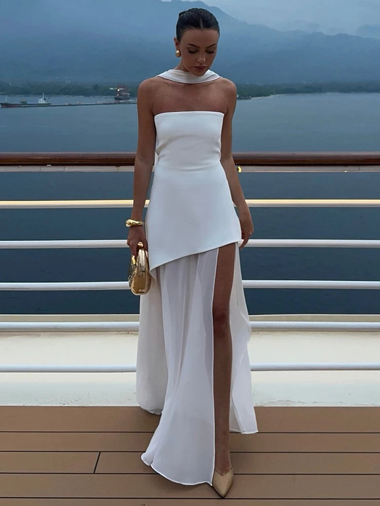 Women's Elegant Strapless Maxi Gown With Scarf Off-shoulder Sleeveless Backless Split Beach Long Dress