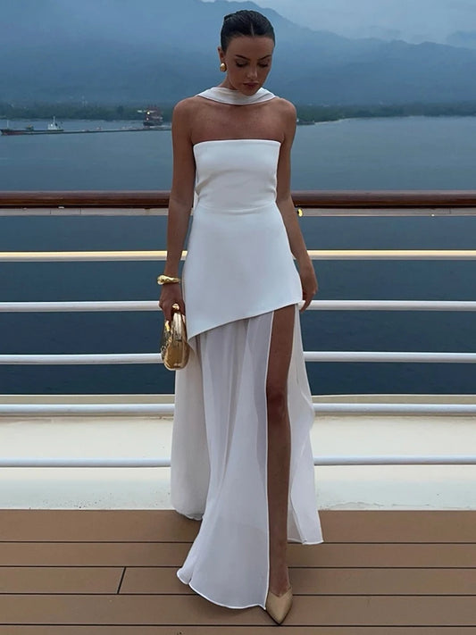 Women's Elegant Strapless Maxi Gown With Scarf Off-shoulder Sleeveless Backless Split Beach Long Dress