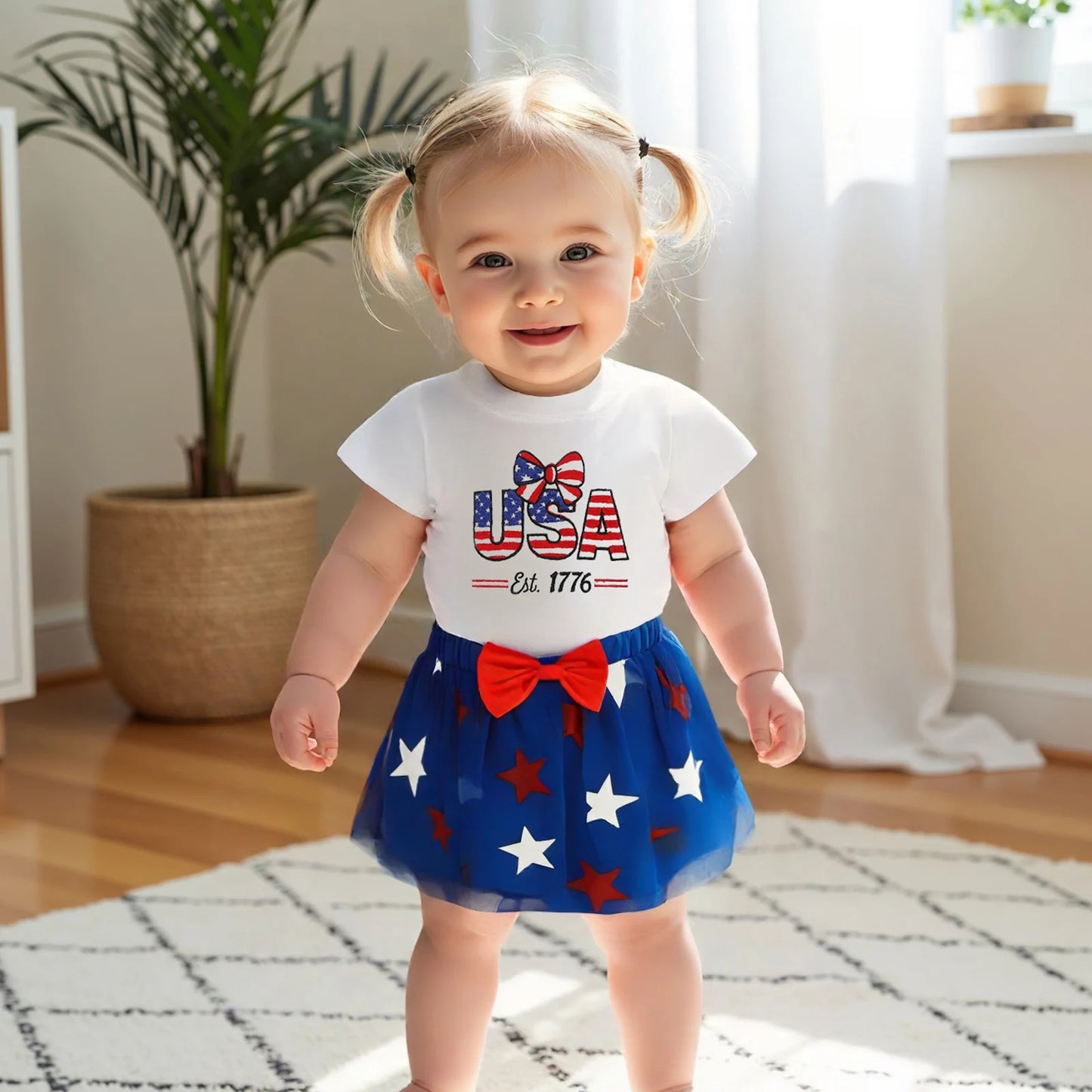 0-4Y Summer Kids Girls USA Clothes Set Short Sleeve Letter Bow Embroidery T Shirts Star Tulle Skirt