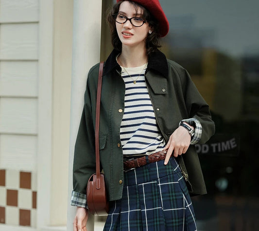 Women's Raglan Sleeve Patchwork Jacket - Loose Fit Retro Chic Autumn Coat