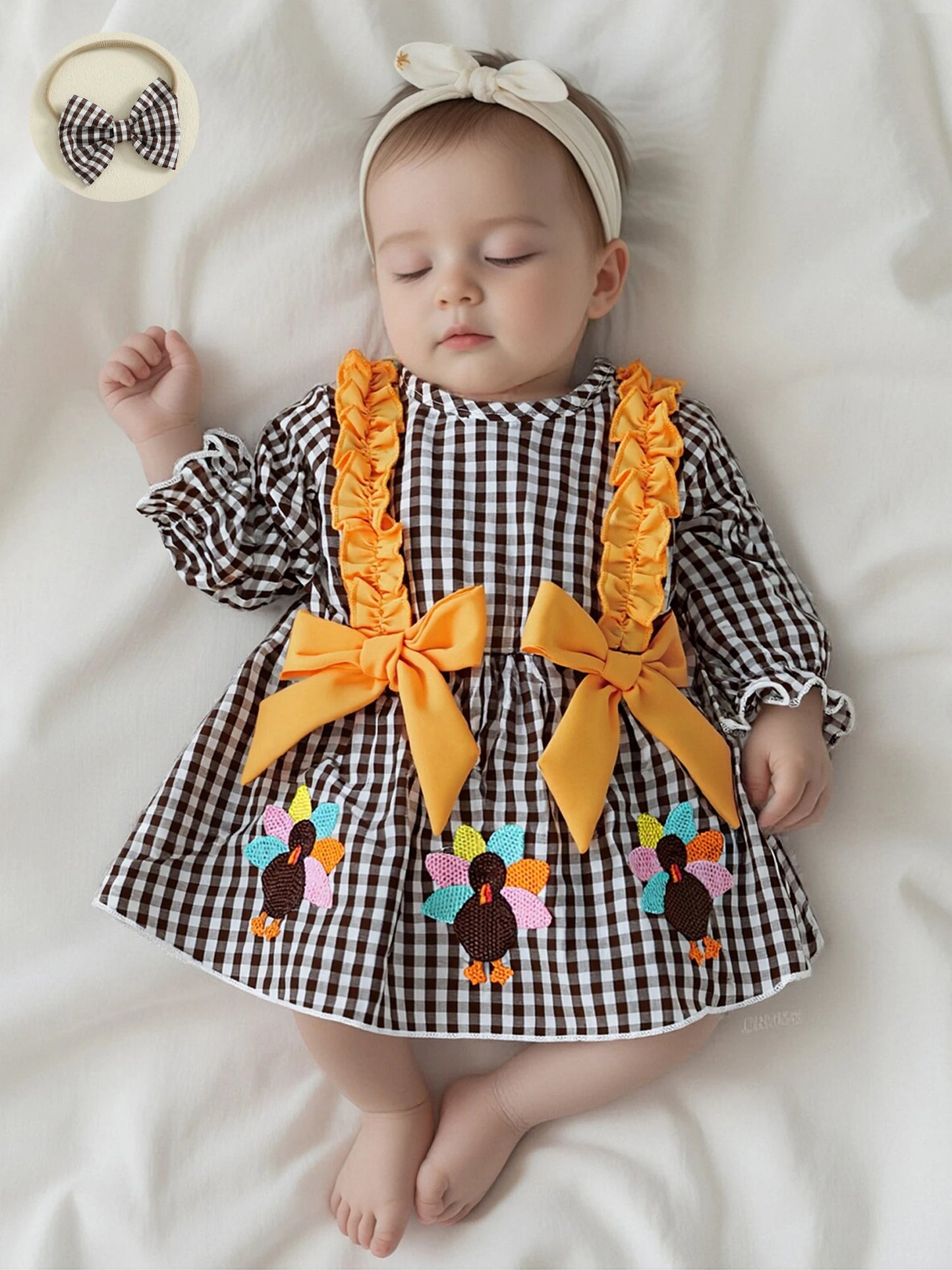 Baby Girls Thanksgiving Romper Dress with Headband - Turkey Plaid Ruffle Long Sleeve Jumpsuit