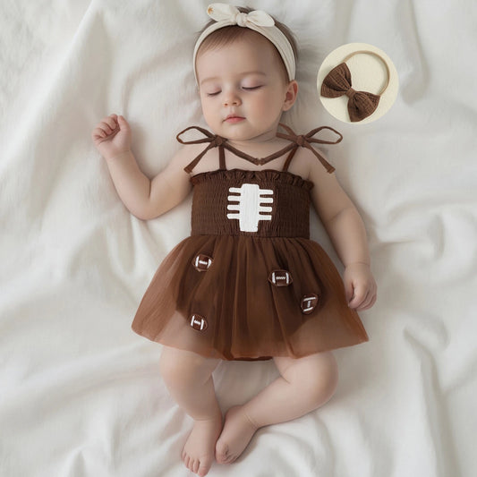 Baby Girls Football Embroidered Romper Dress with Bow Headband (0-18M)