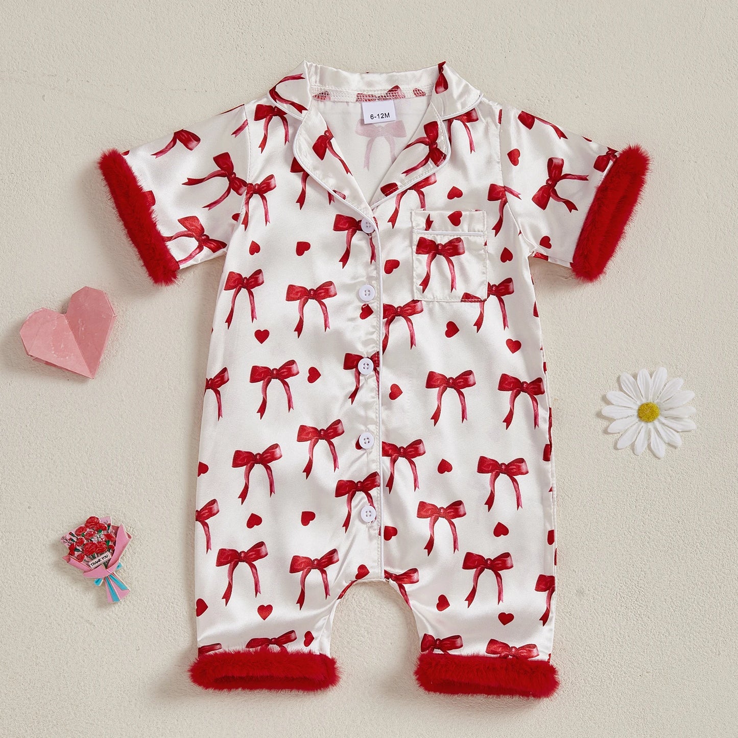 Baby Girls' Satin Romper Pajamas - Bow Print Feather Cuffs Short Sleeve Lapel Jumpsuit