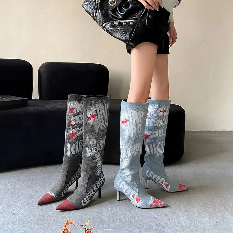 Women's 7cm Thin Heel Graffiti Folded Denim Boots
