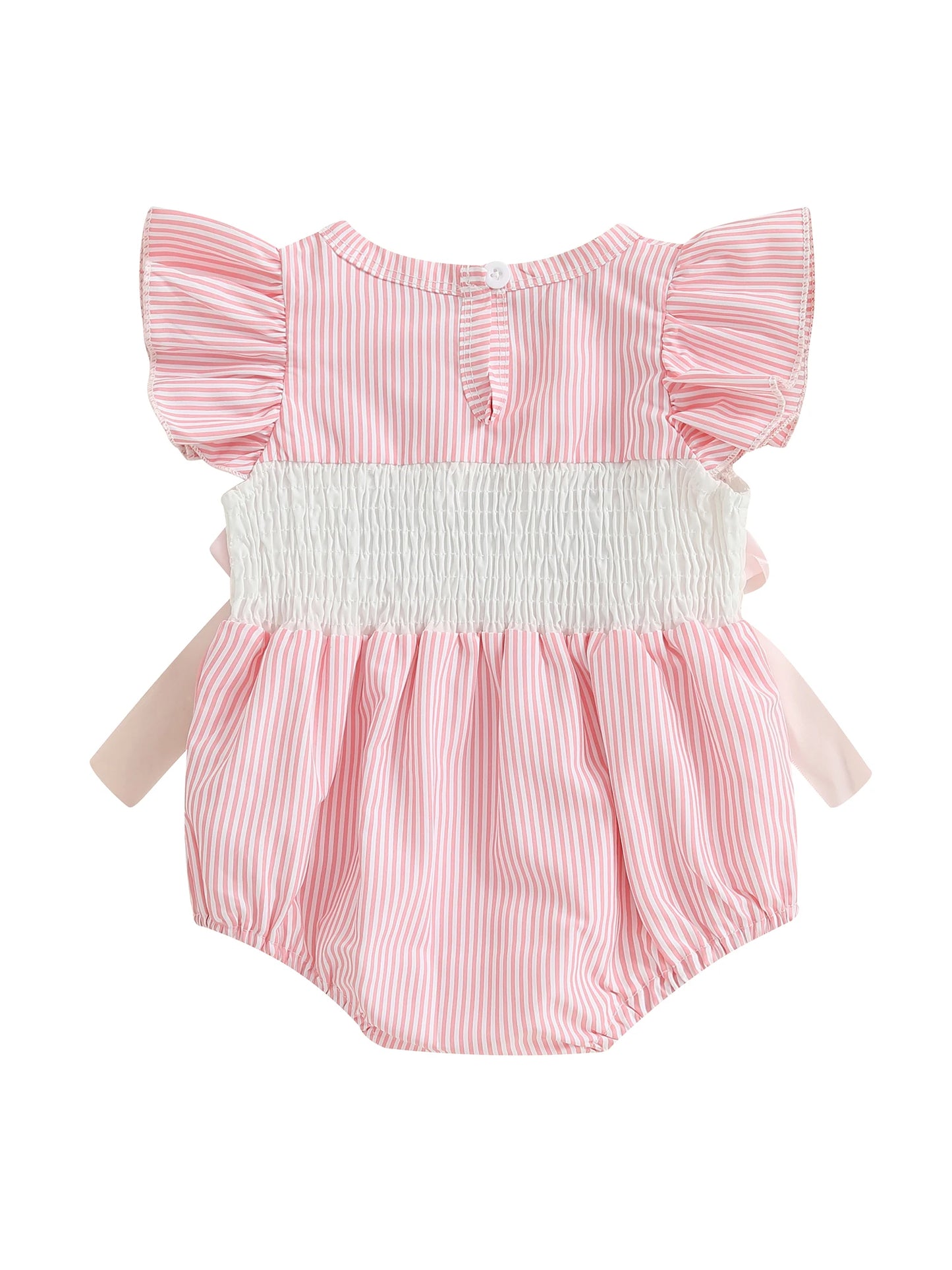 Baby Girls Striped Duck Embroidery Romper - Short Sleeve Jumpsuit with Bow (0-18M)