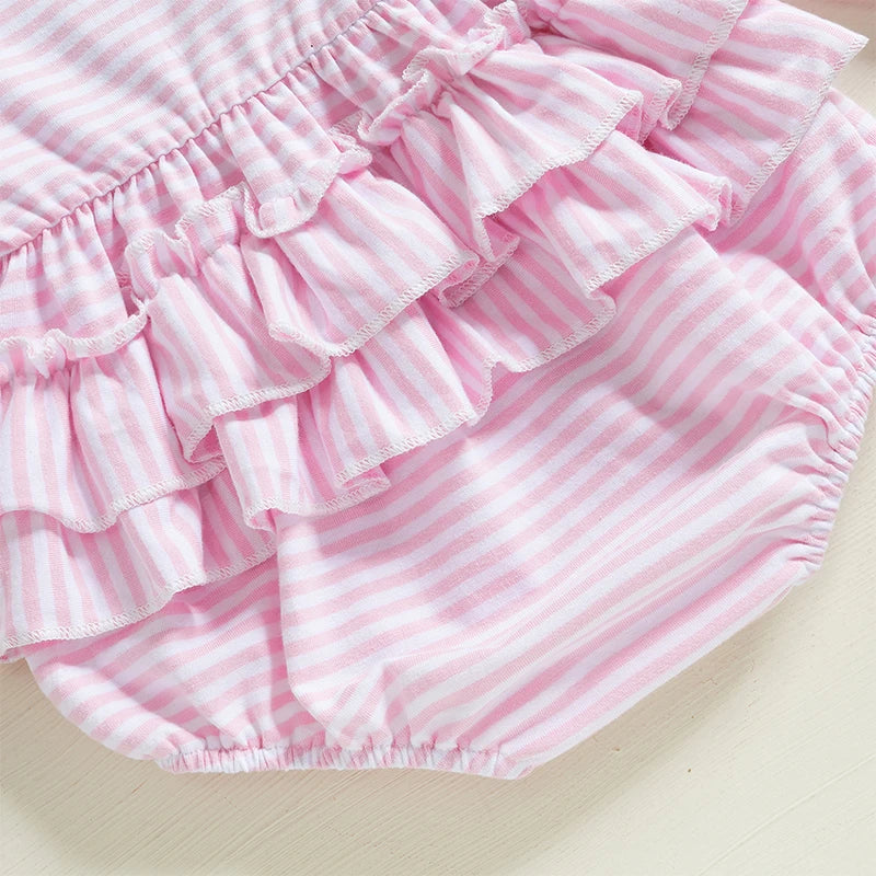 Baby Girls' Easter Spring Romper - Rabbit Embroidery Long Sleeve Striped Jumpsuit