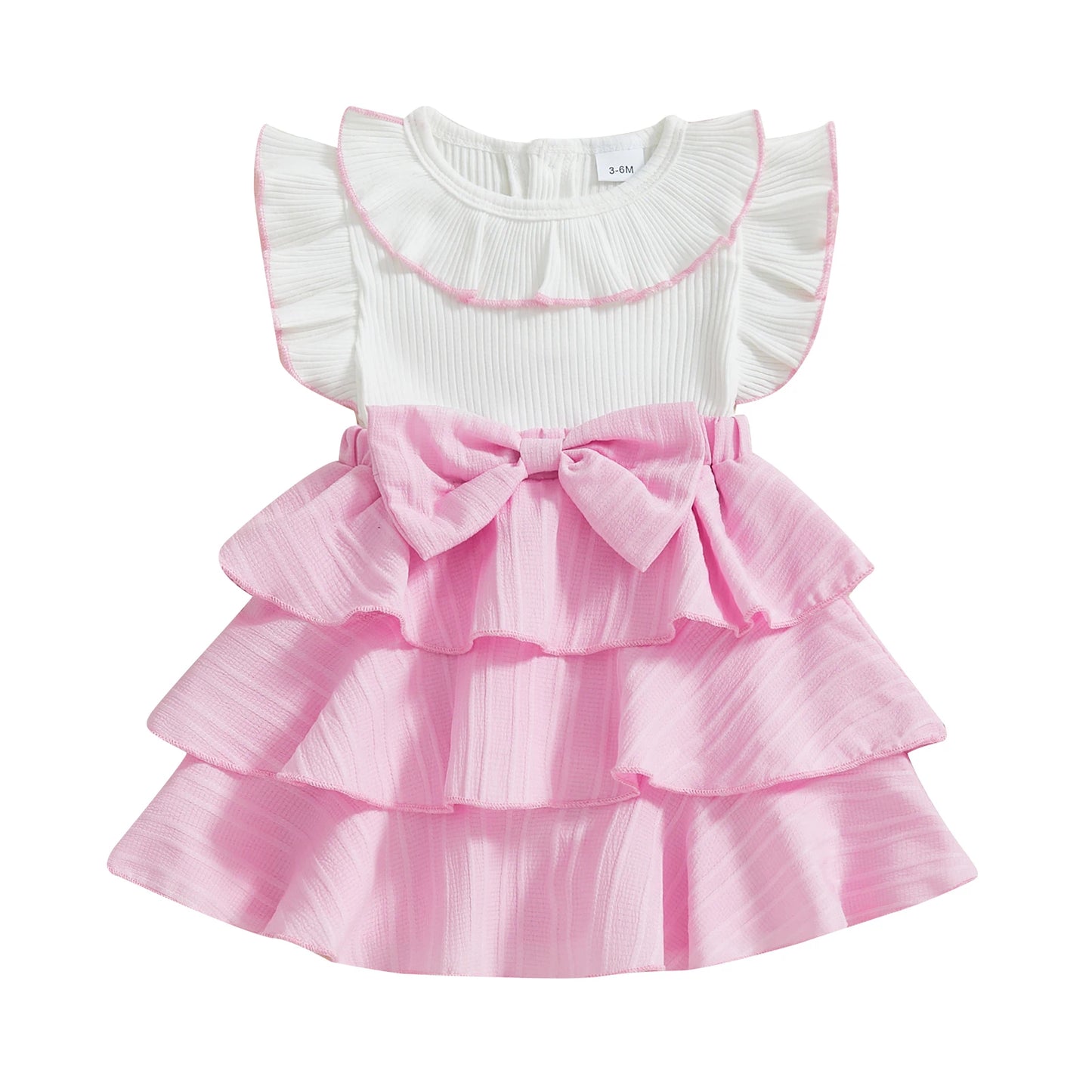 0-4Y Kids Girls Summer Ruffles Fly Sleeve Doll Collar Bow Front Layered Knee Length Dress
