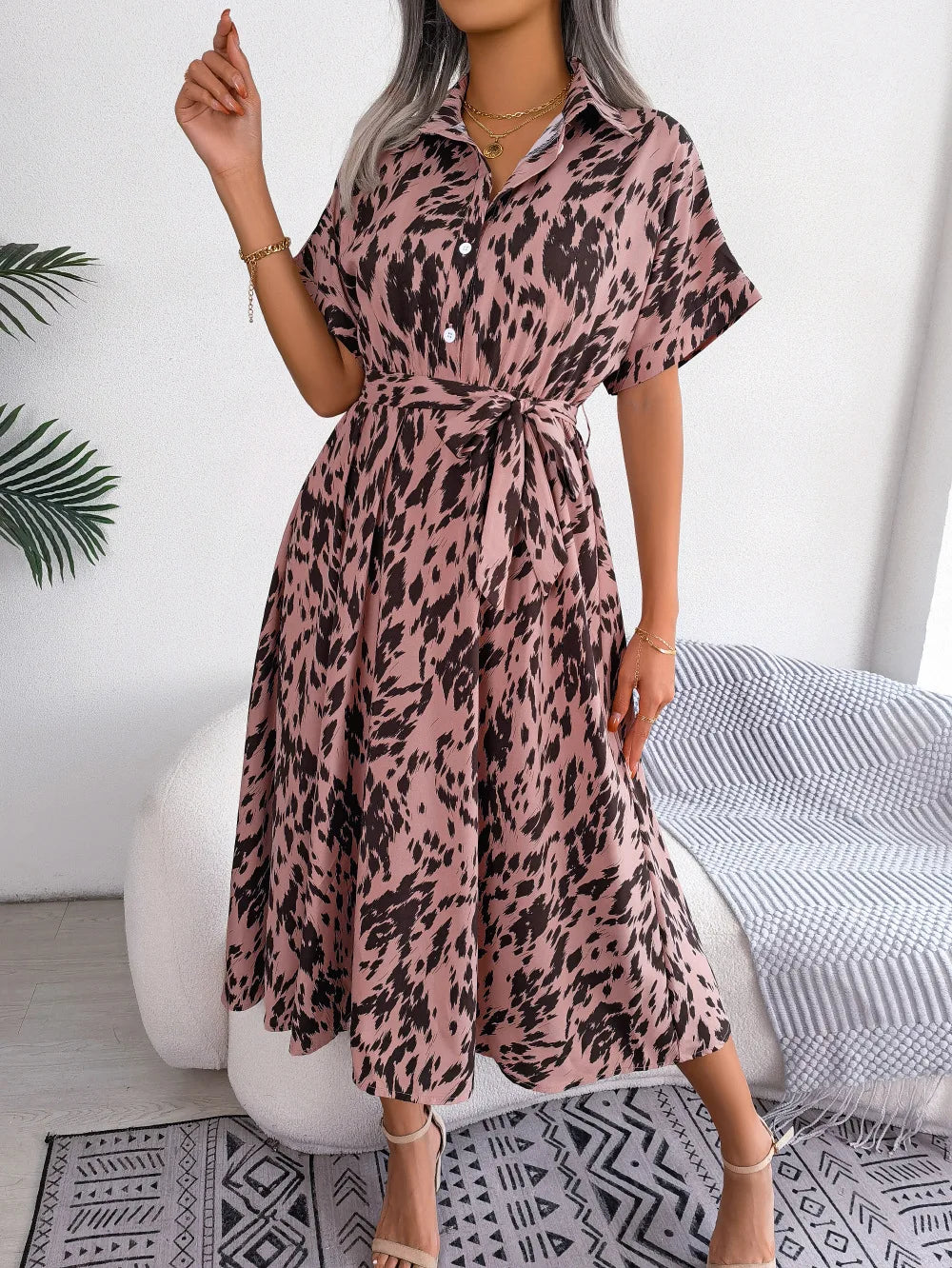 Women's Summer Casual Loose Leopard Lace Up Shirt Chic Dress