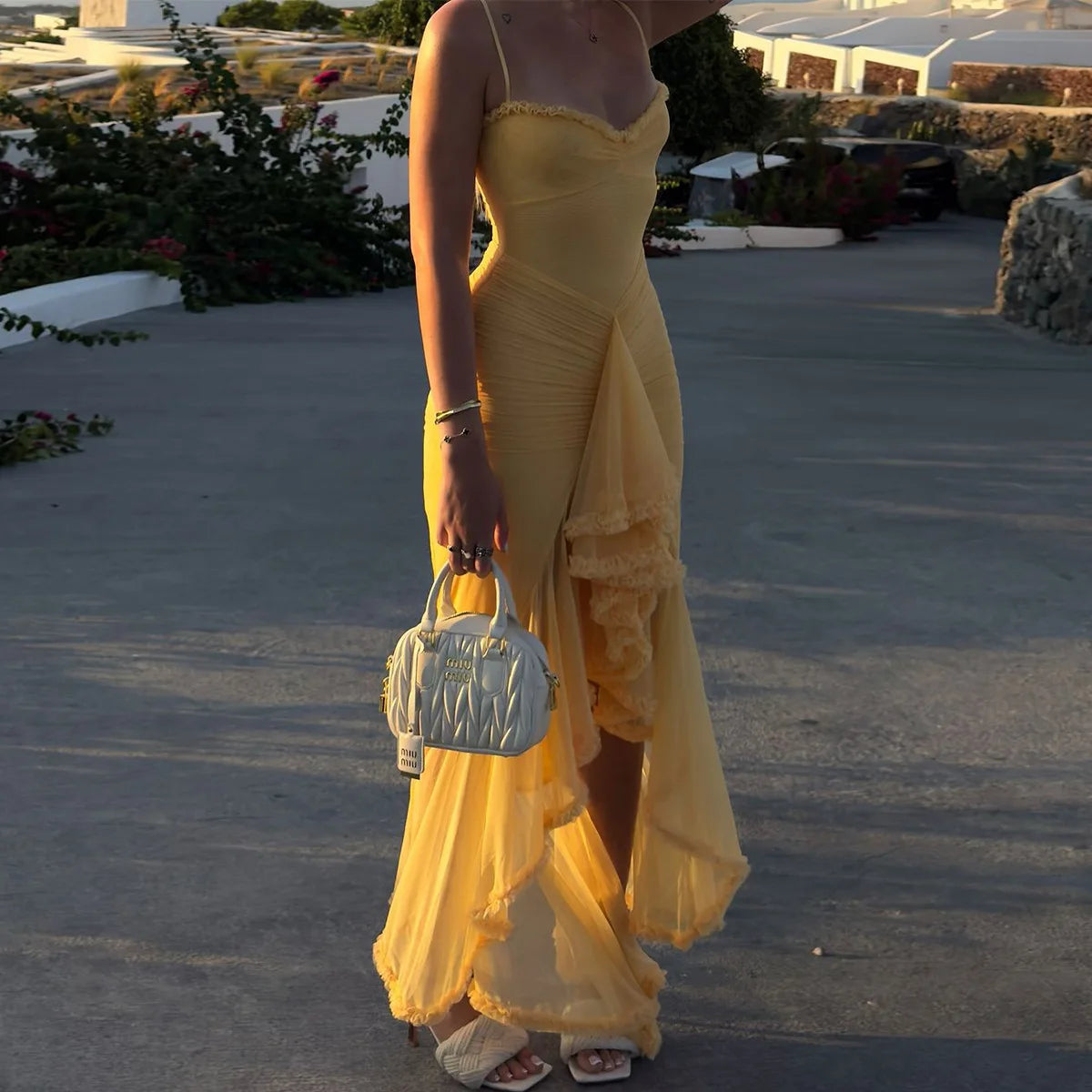 Women's Sheer Mesh Ruffled Front Gown Elegant Draped Prom Cocktail Maxi Dress Solid Fairy Ruched Slip Dress