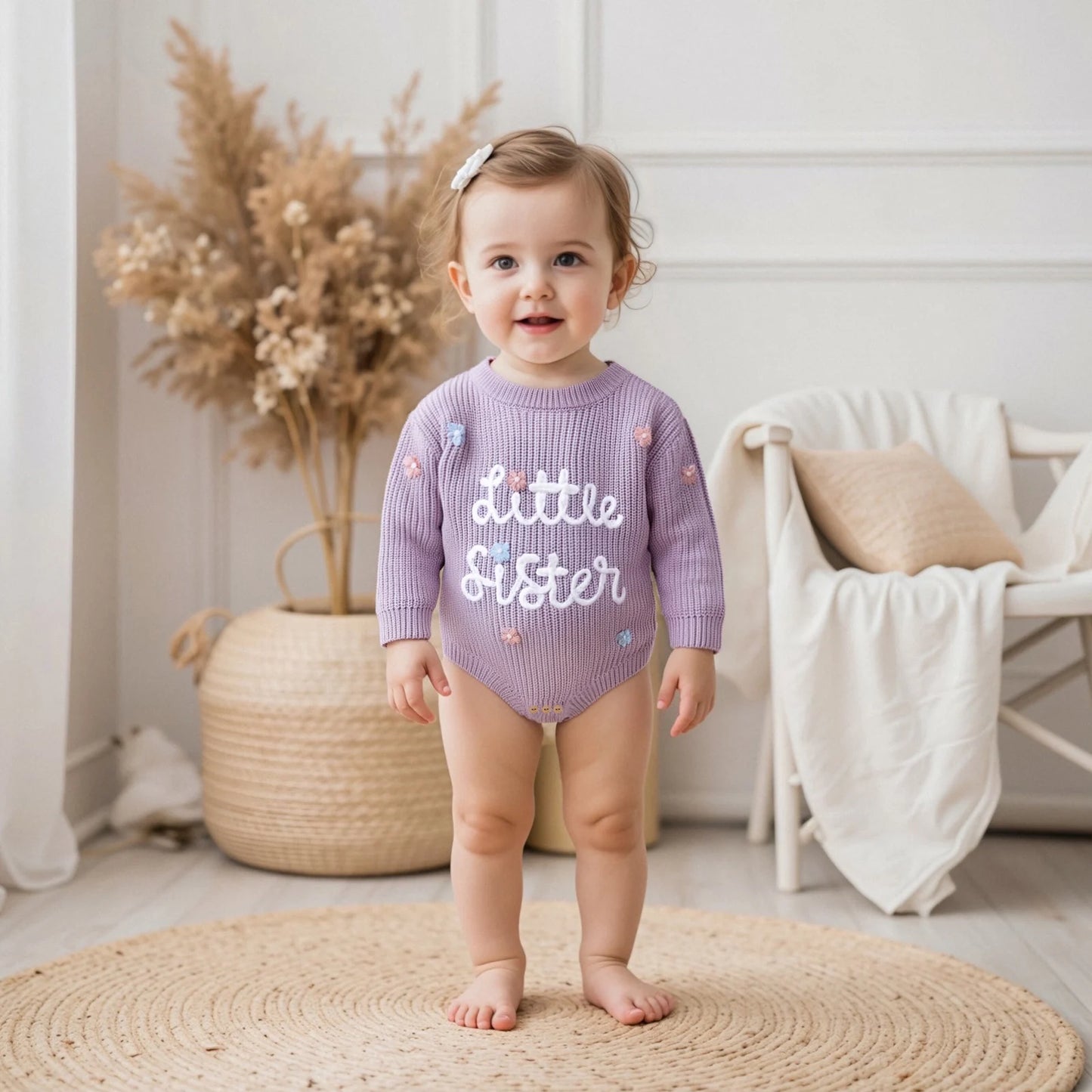 Newborn Baby Sweater Romper - Letter Floral Embroidery Round Neck Knit Jumpsuit