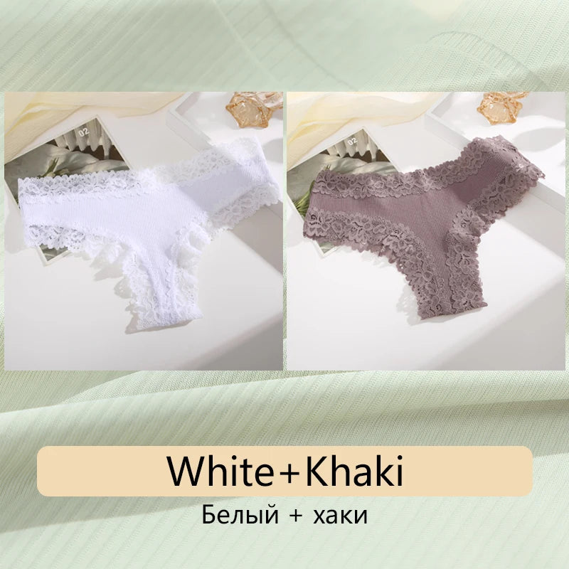 2PCS Women's Cotton Underwear - Lace Floral Low Rise Comfortable Lingerie