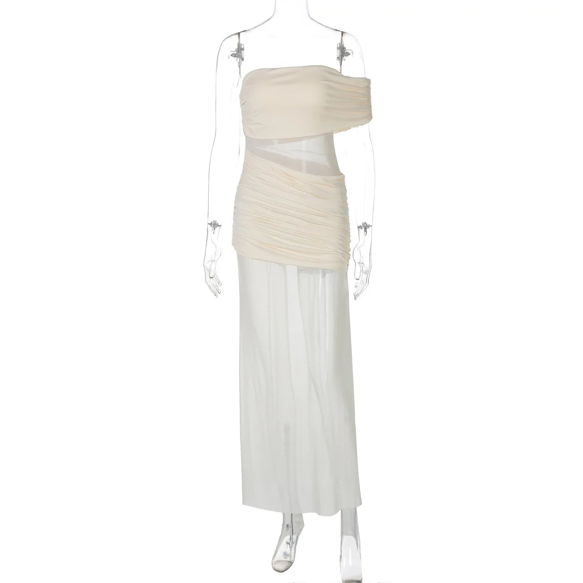 Women's Off Shoulder Ruched Mesh Maxi Dress - Backless Summer Club Dress