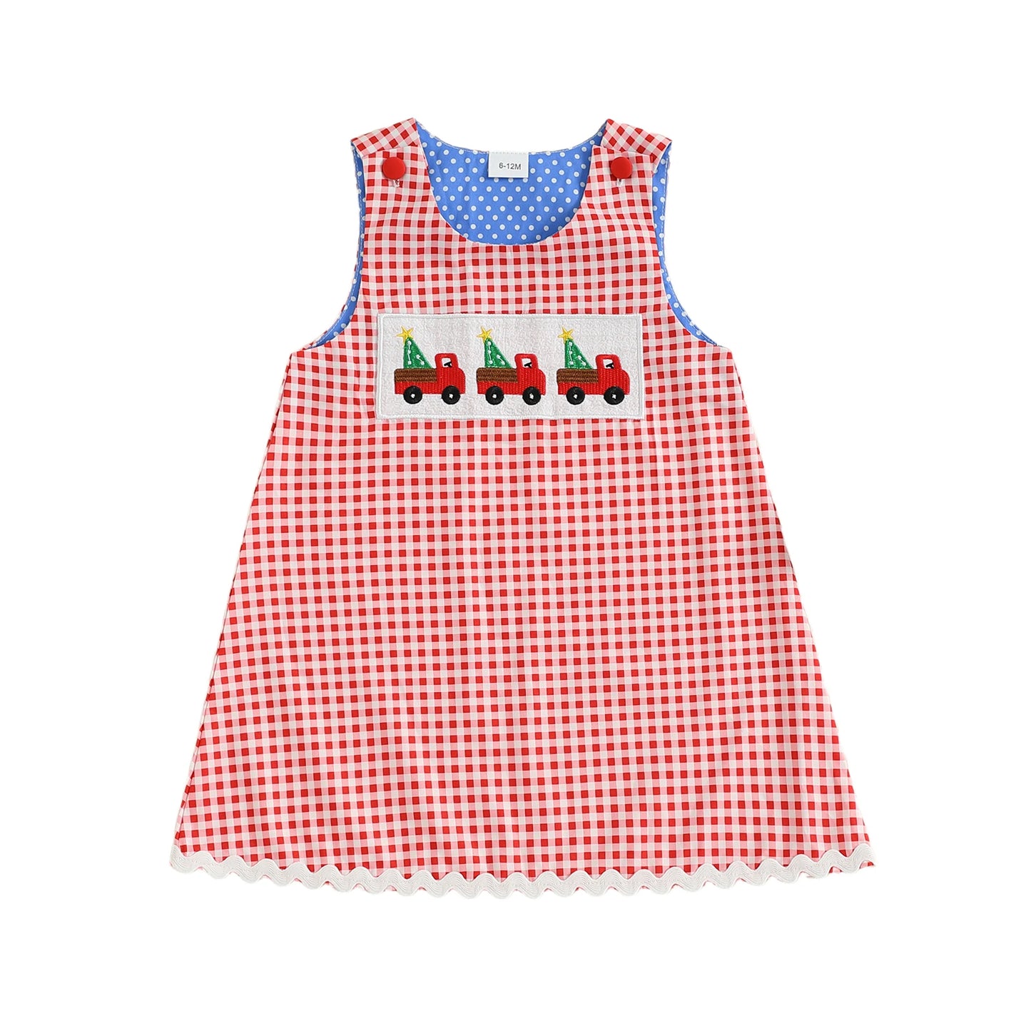 Girls' Christmas Tank Dress - Sleeveless Plaid Dress with Embroidered Tree Design