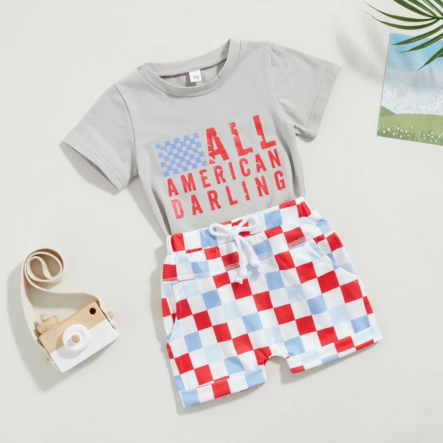 0-3Y American Baby Girls Boys Clothes Sets Letter Print Short Sleeve T-Shirts and Checkerboard Shorts 2Pcs