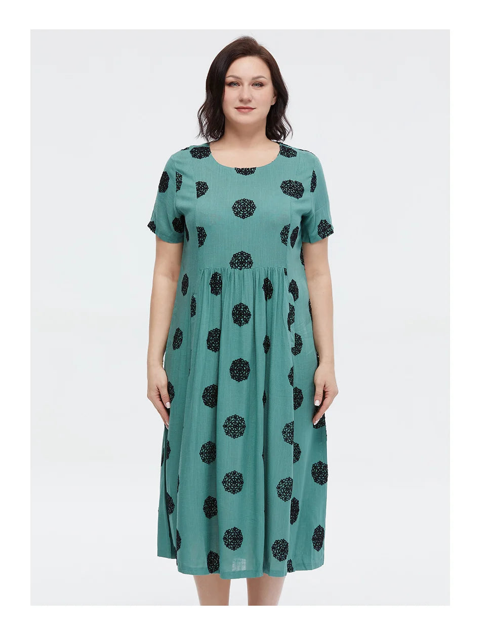 Women's Summer Elegant Cotton Oversize Office Polka Dot Embroidery Design Pocket Long Dress