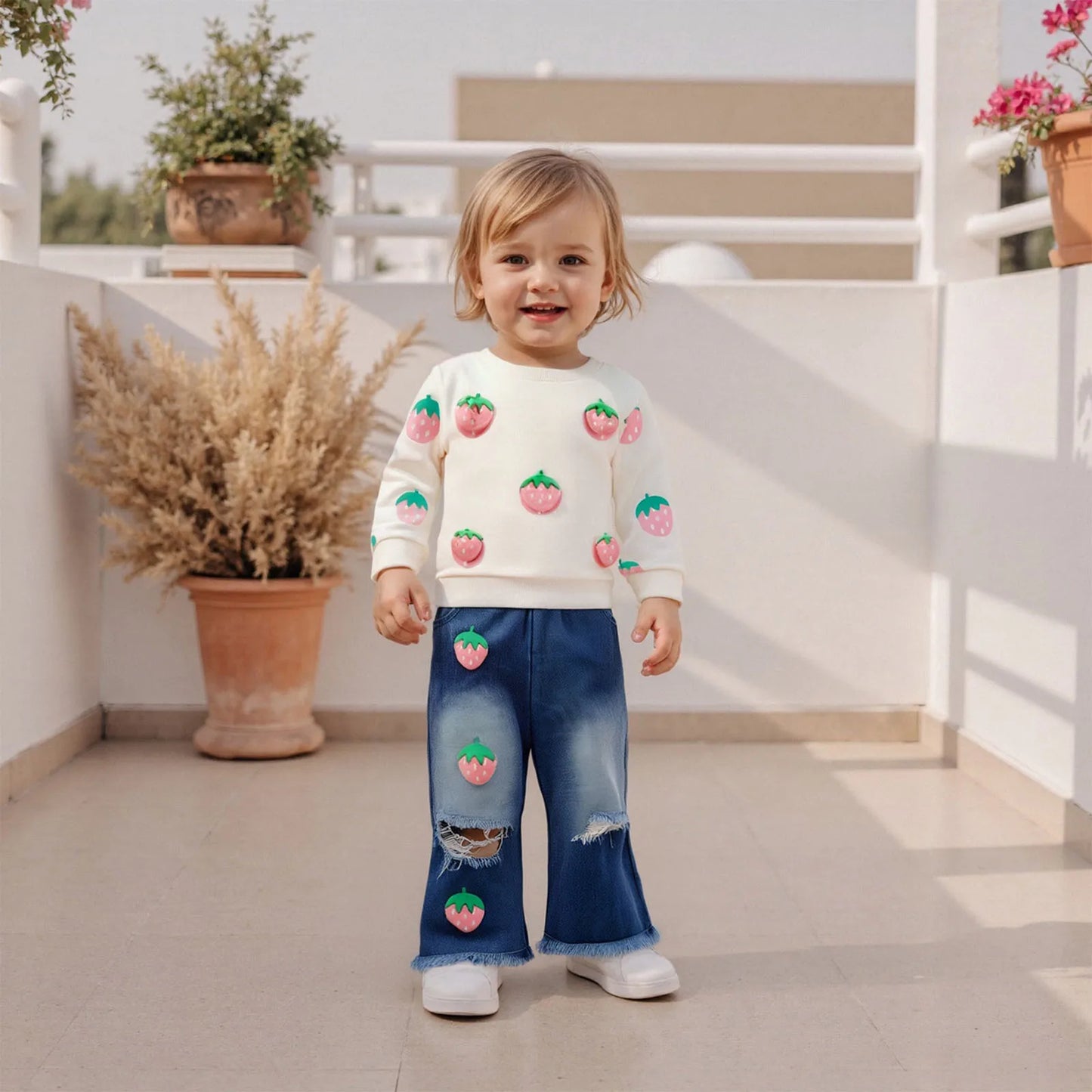 Kids Girls Fall Winter Clothes Set - 3D Strawberry Long Sleeve Pullover Top & Ripped Denim Flare Pants