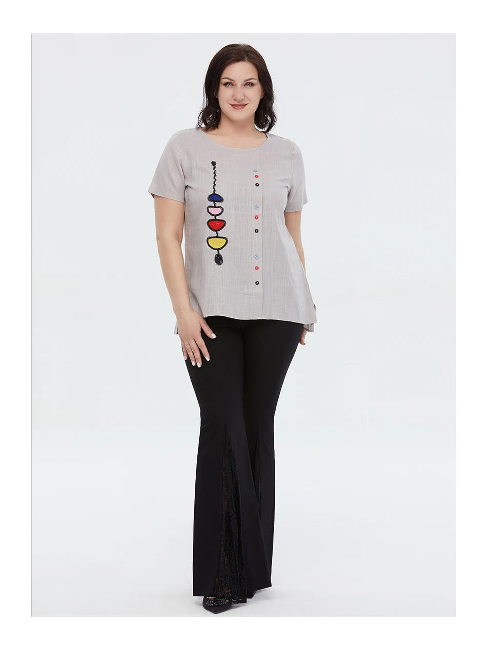 Women's Summer Cotton Linen Oversized Short Sleeve Sequins Button Top