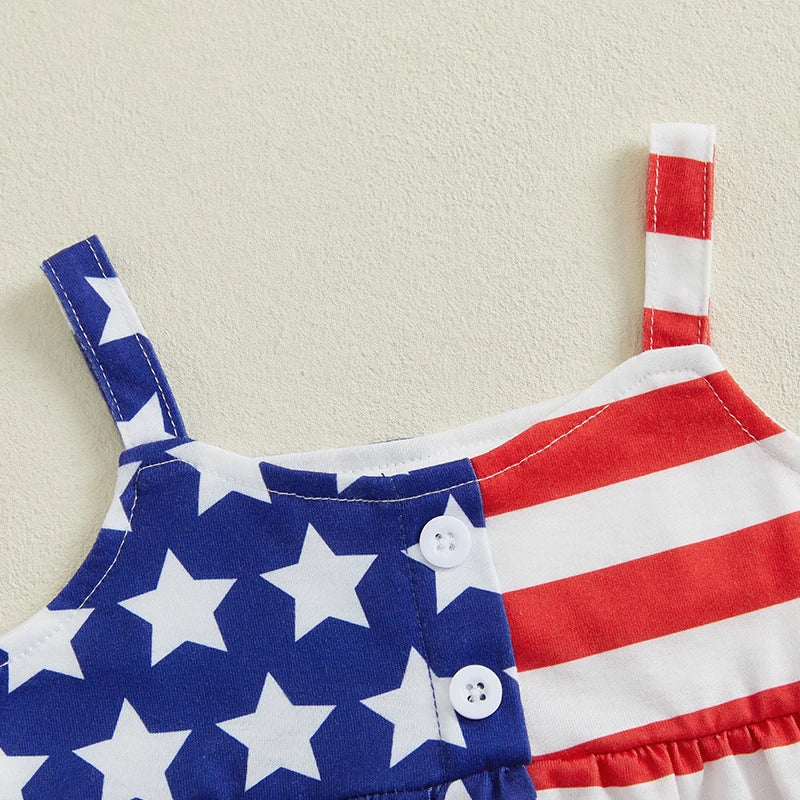 0-4Y Kids Girls American Flag Clothes Sets Star Stripe Print Camisole and Elastic Raw Denim Shorts