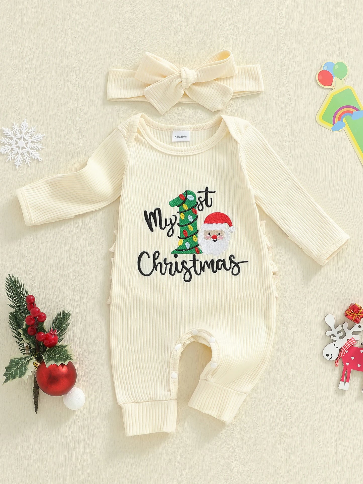 Newborn Baby Christmas Romper with Headband - Long Sleeve Xmas Tree Embroidery Jumpsuit