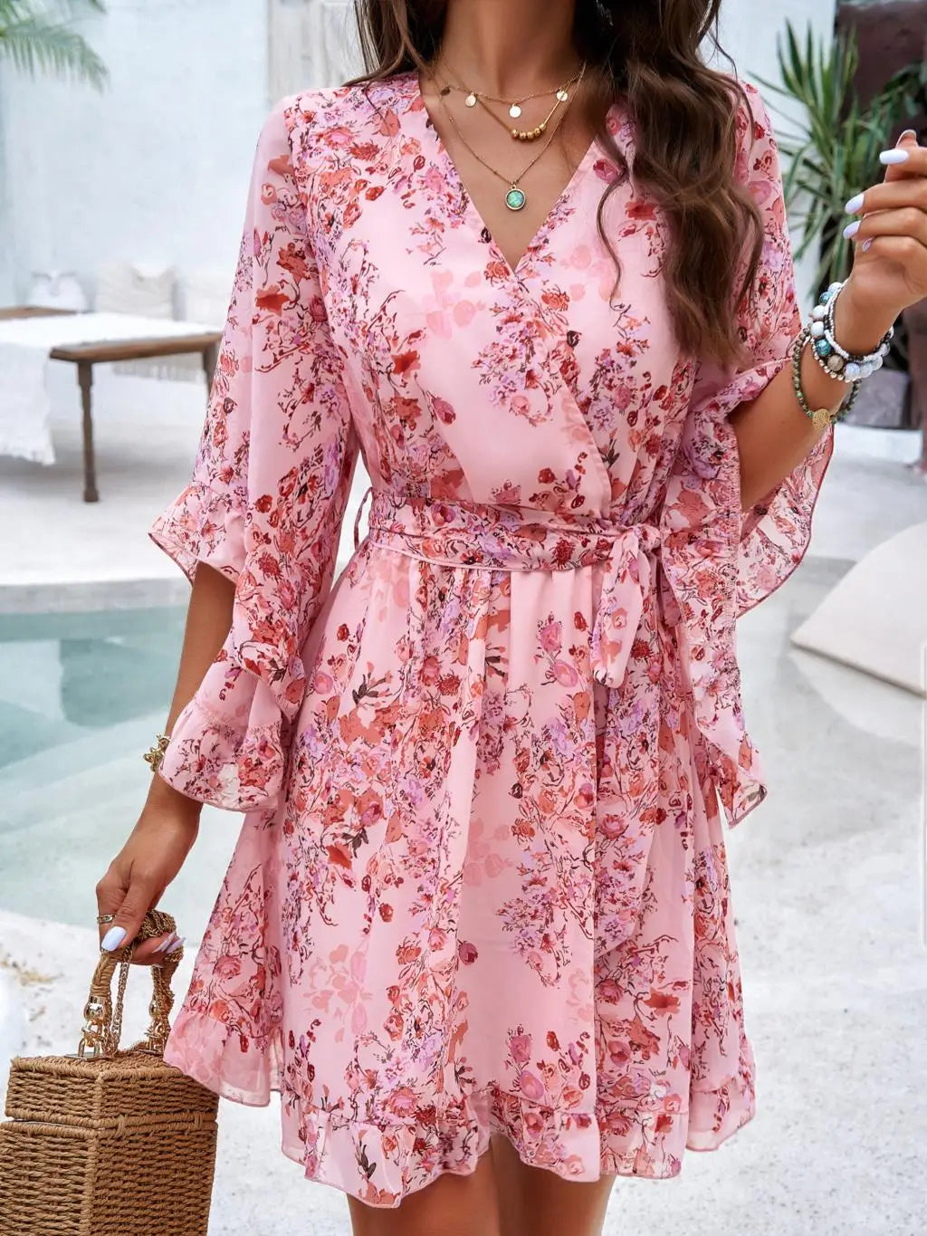 Women's Autumn Winter Half Sleeve Flower Print Elegant V-neck Casual A-Line Knee-Length High Waist Dress