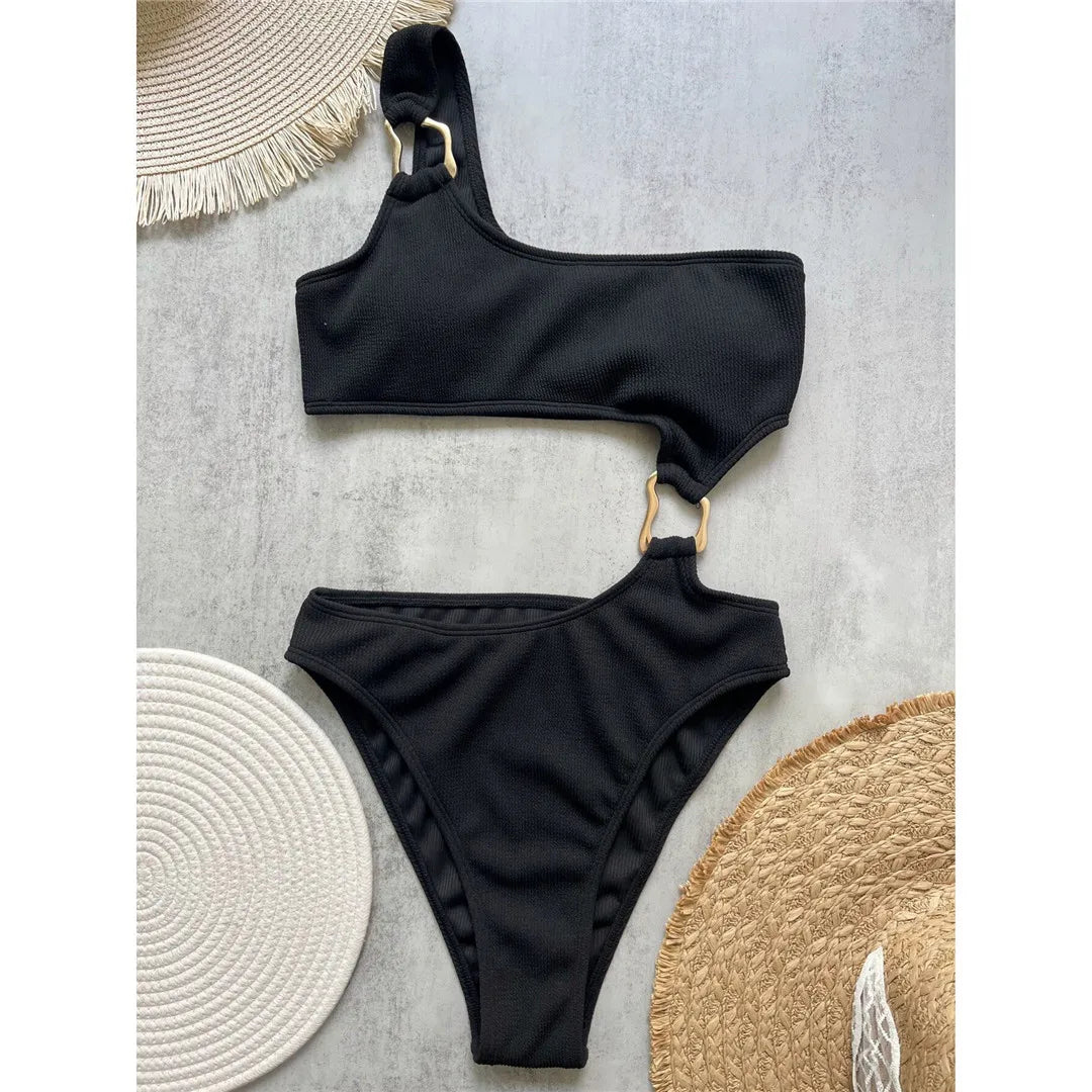 Women's Splicing Asymmetric One Shoulder One Piece Swimwear Metal Ring High Cut Swimsuit