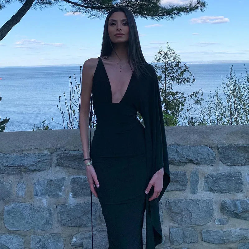 Women's Draped Deep V Backless Maxi One Shoulder Gown Slip Dress