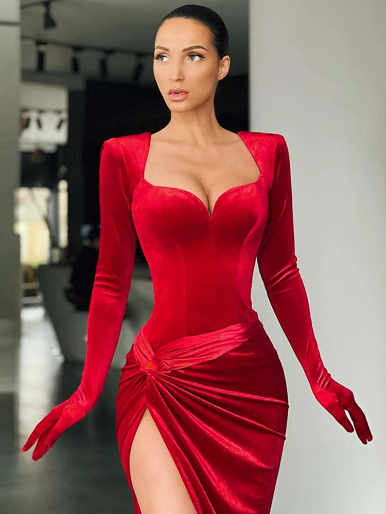 Women's Gown Long Dress - Gloves Sleeve Velvet Slit Maxi Ruched Dress