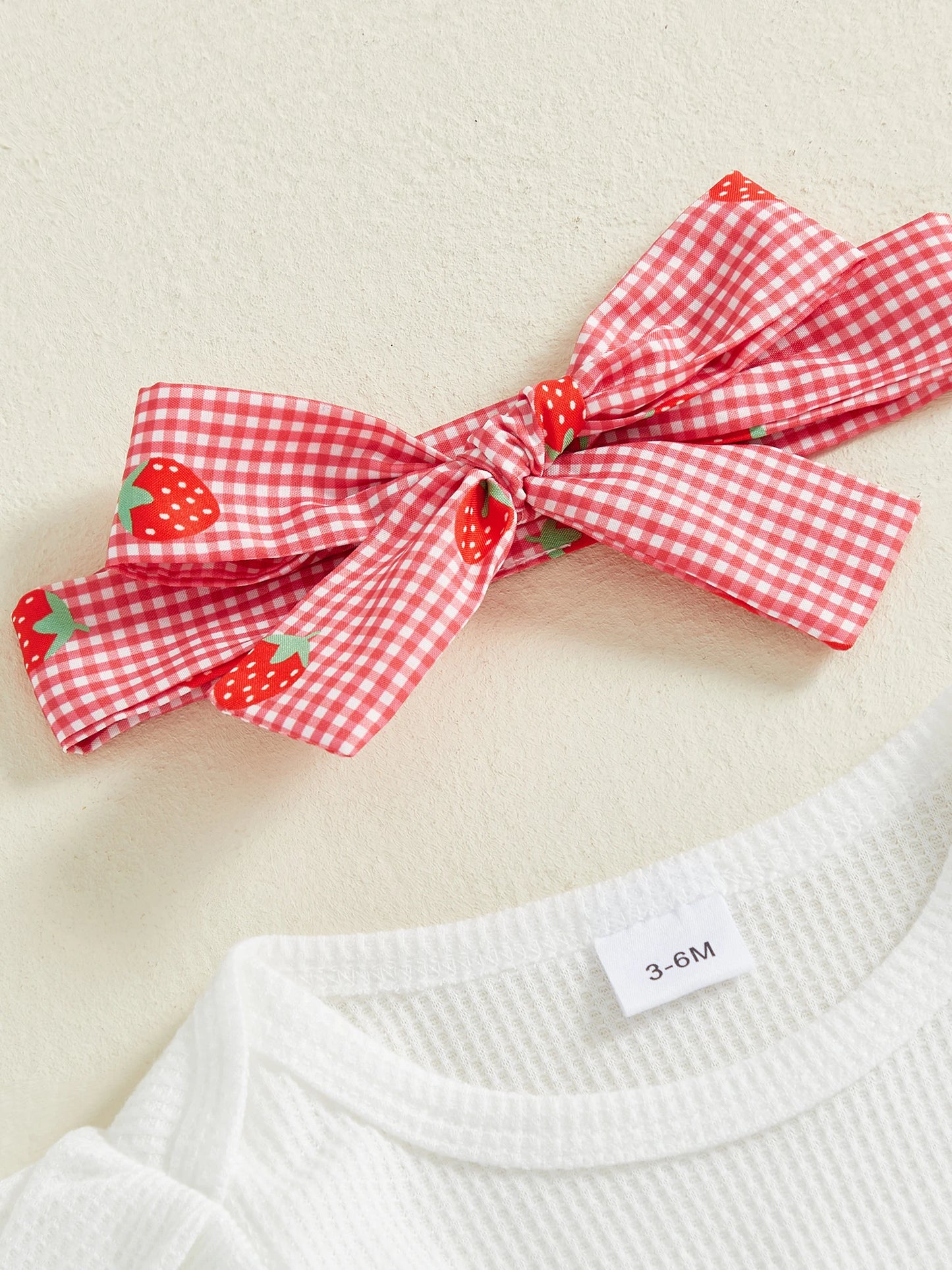 Baby Girls Strawberry Outfit Set - 4-Piece Long Sleeve Romper, Plaid Shorts, Headband & Socks (0-18M)