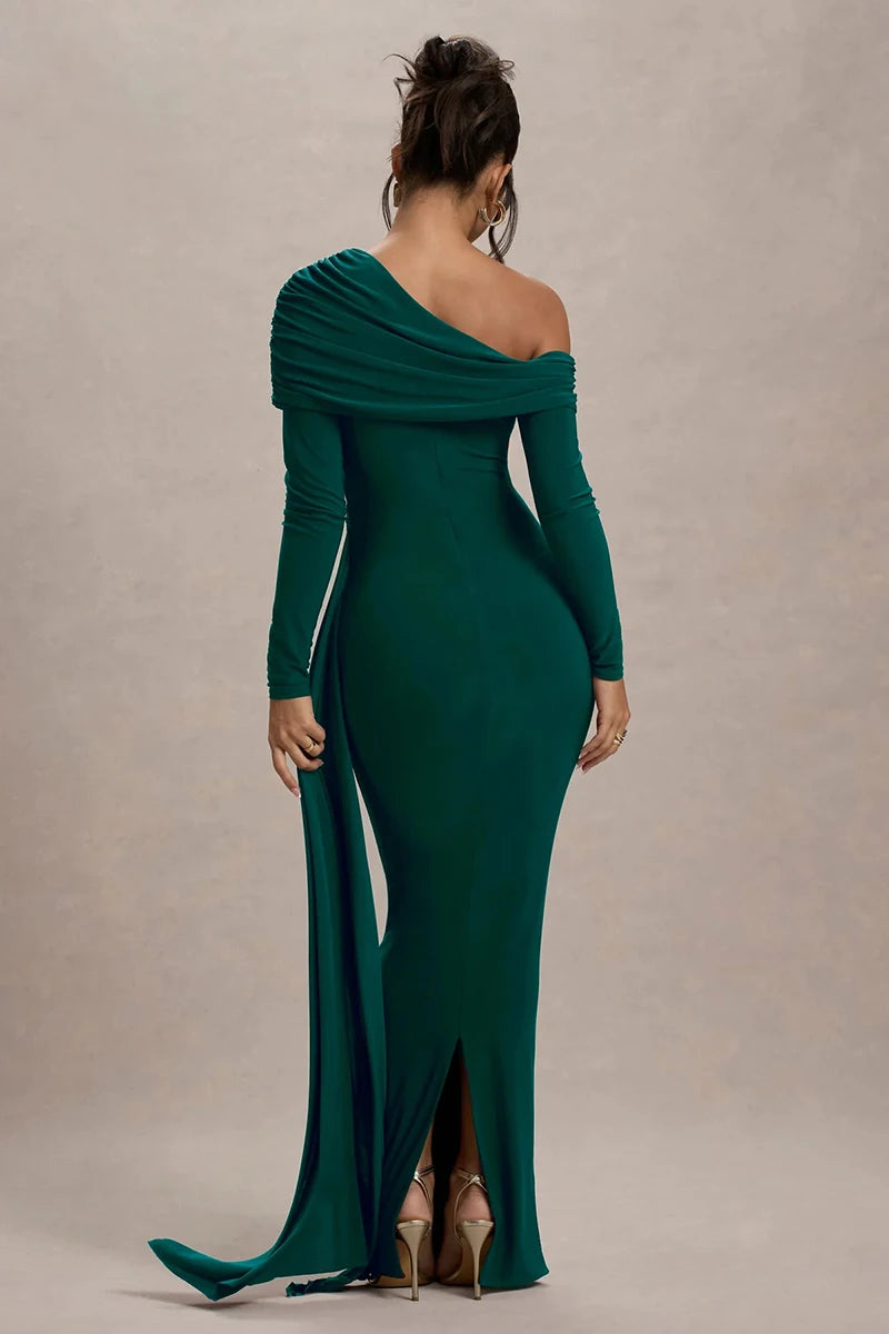 Women's Skew Collar Long Sleeve Maxi Backless Draped Ruched Bodycon Long Dress