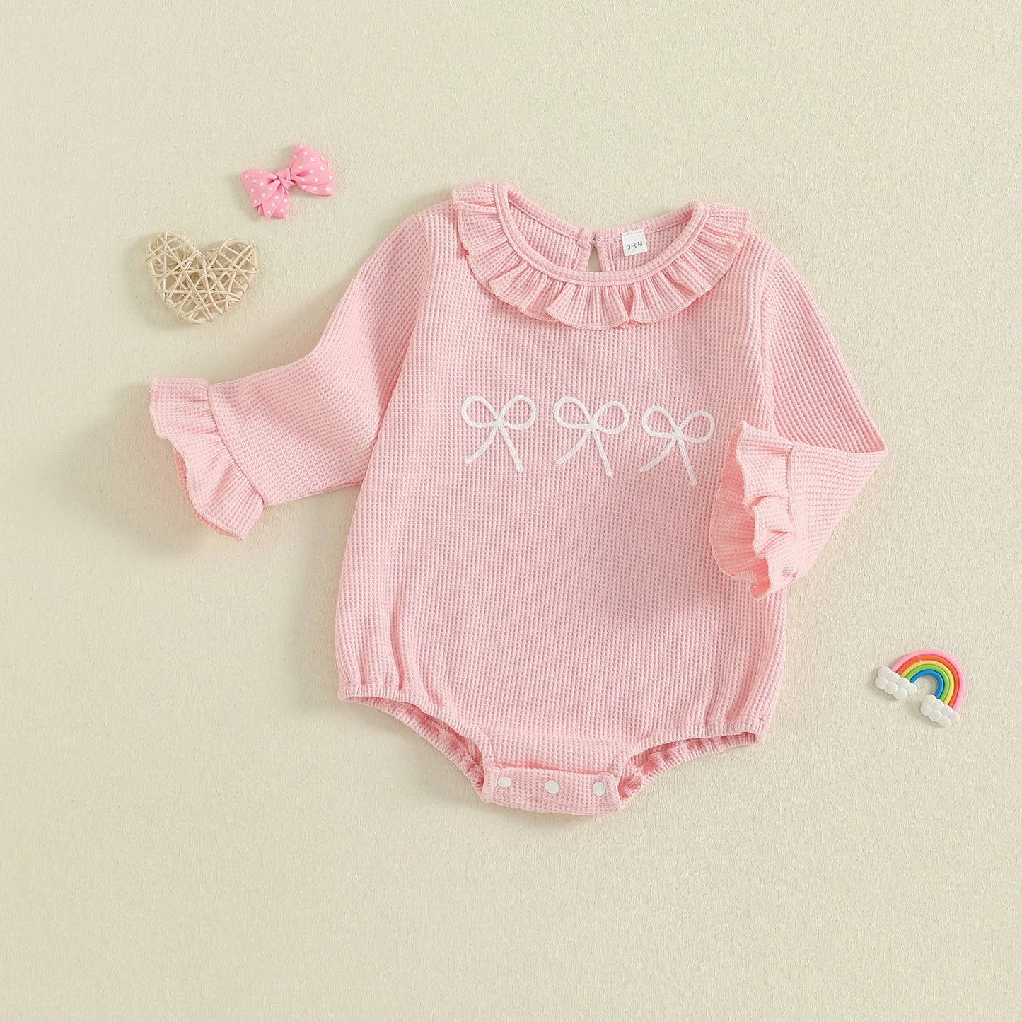 Lovely Baby Girls Bubble Romper - Bow Embroidery Long Sleeve Ruffle Jumpsuit (0-18M)