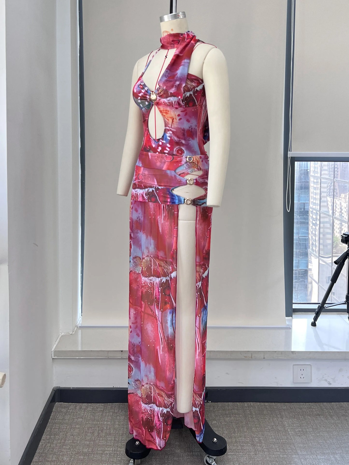 Women's Print Backless Swimwear with Skirt Women Slit Hollow Out Long Summer Bodycon Ruffles Dress
