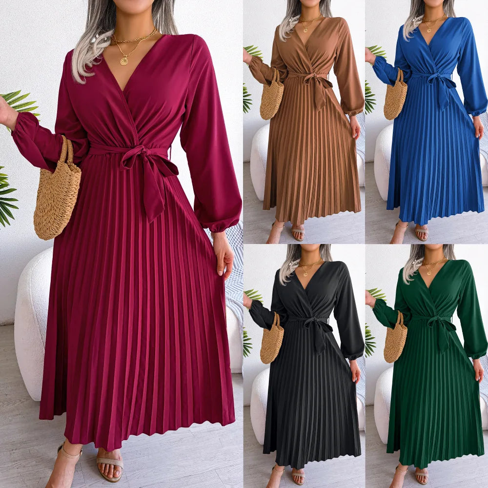 Women's Spring Summer Cross V Neck Large Hem Pleated Long Dress