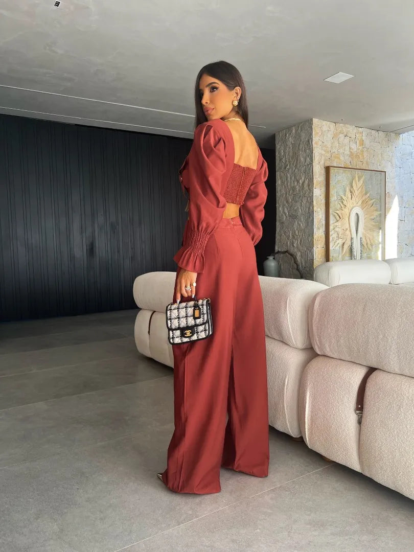 Women's Two Piece Set With Pants Summer Long Sleeve Short Top Wide Leg Pants Set