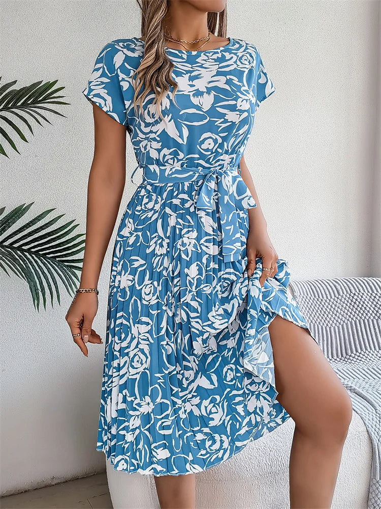 Women's Floral Pleated A Line Long Spring Summer Short Sleeve High Waist Chic Dress