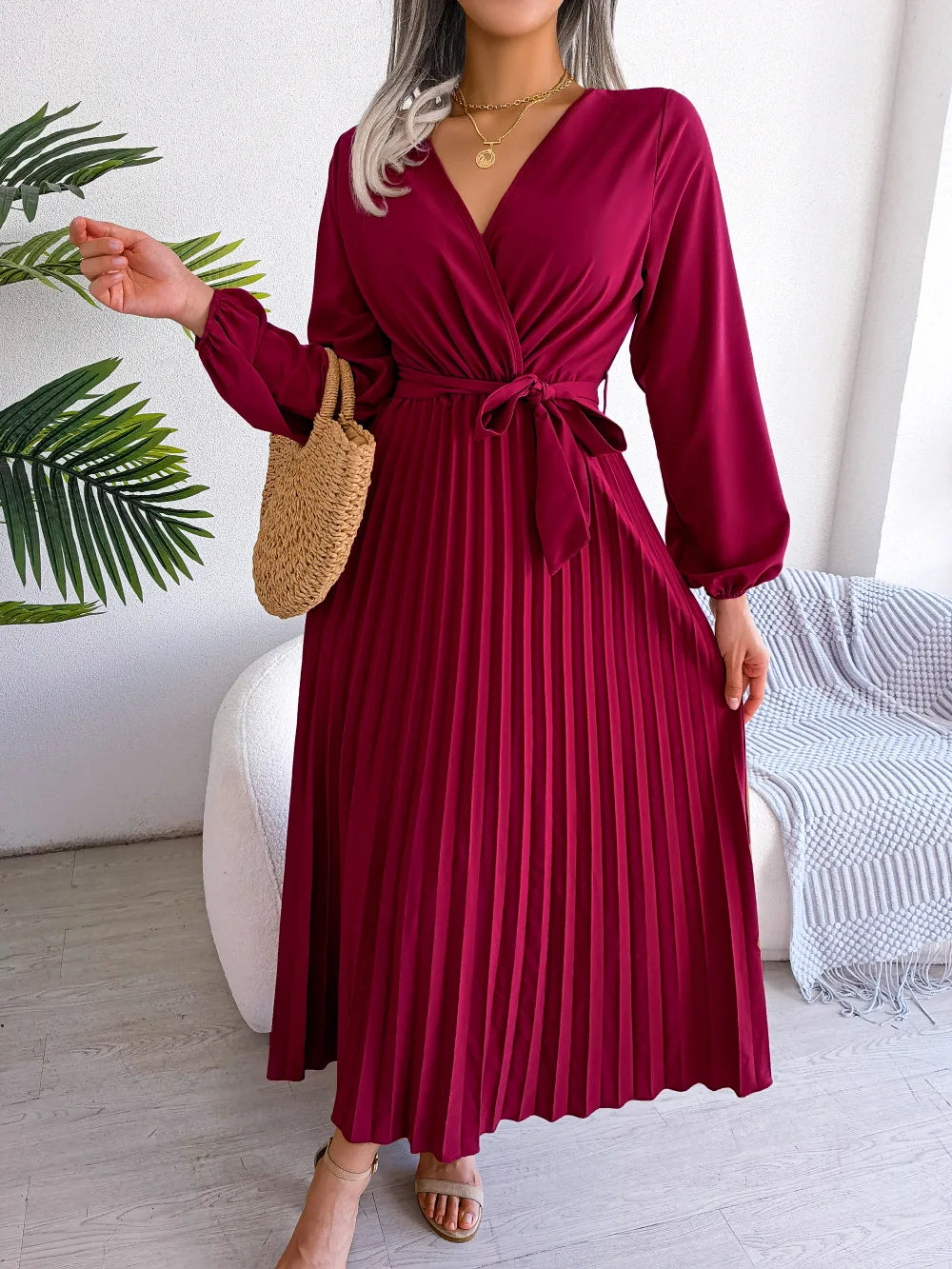 Women's Spring Summer Cross V Neck Large Hem Pleated Long Dress