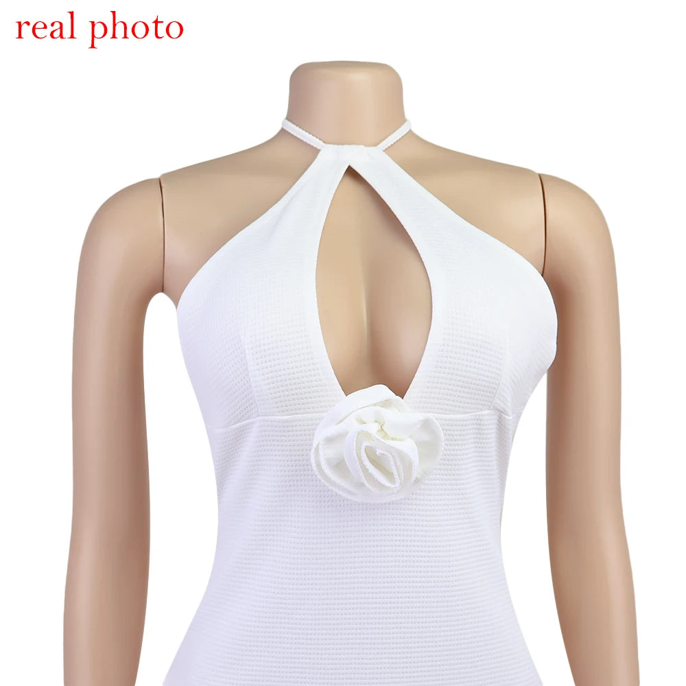 Women's Floral Applique Halter Summer Maxi Cut Out Backless Split Dress