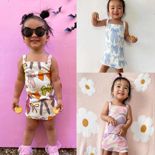 0-4Y  Kids Girls Summer Dress Sleeveless Strap Bow Print Spaghetti Slim Fit Sundress for Beach