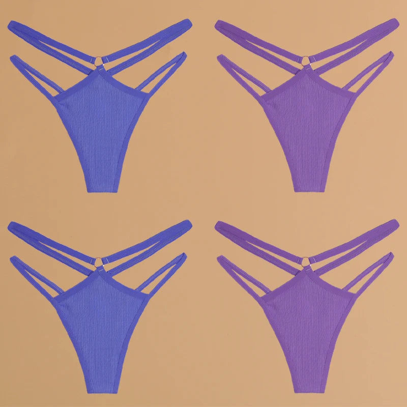 4-Pack Cotton Striped Thongs - Women's Low-Rise Breathable Underwear Set
