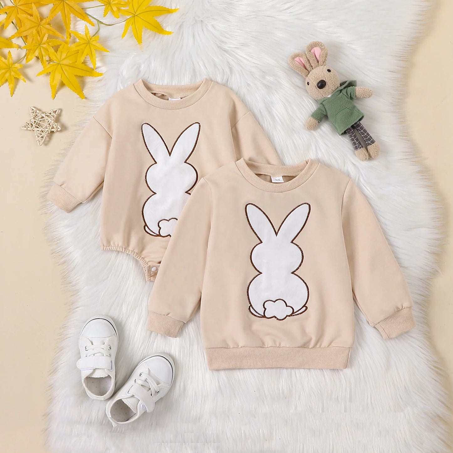 0-5Y Baby Boys Girls Sweatshirts/ Babygrow Rompers Bunny Embroidery Long Sleeve Jumpsuit