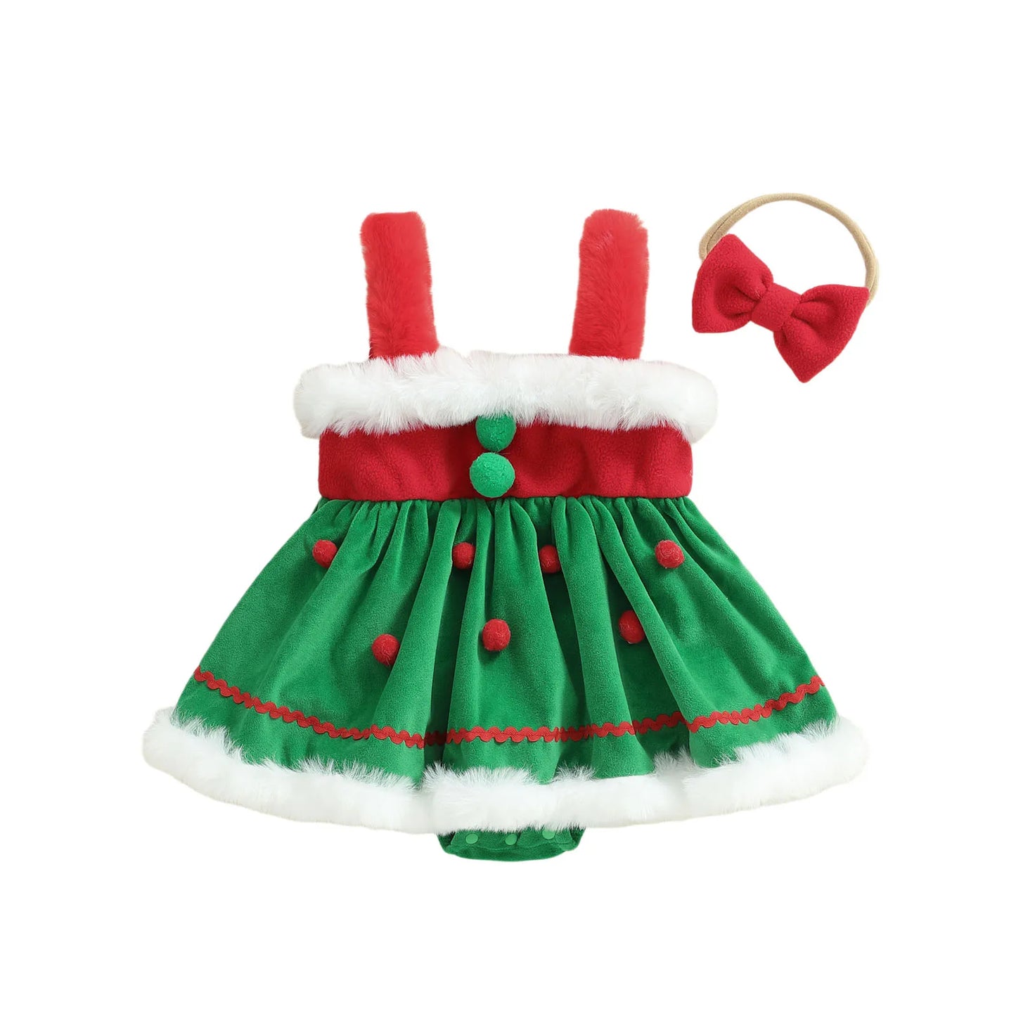 Baby Girls Princess Christmas Romper Dress with Bow Headband - Gingerbread Design
