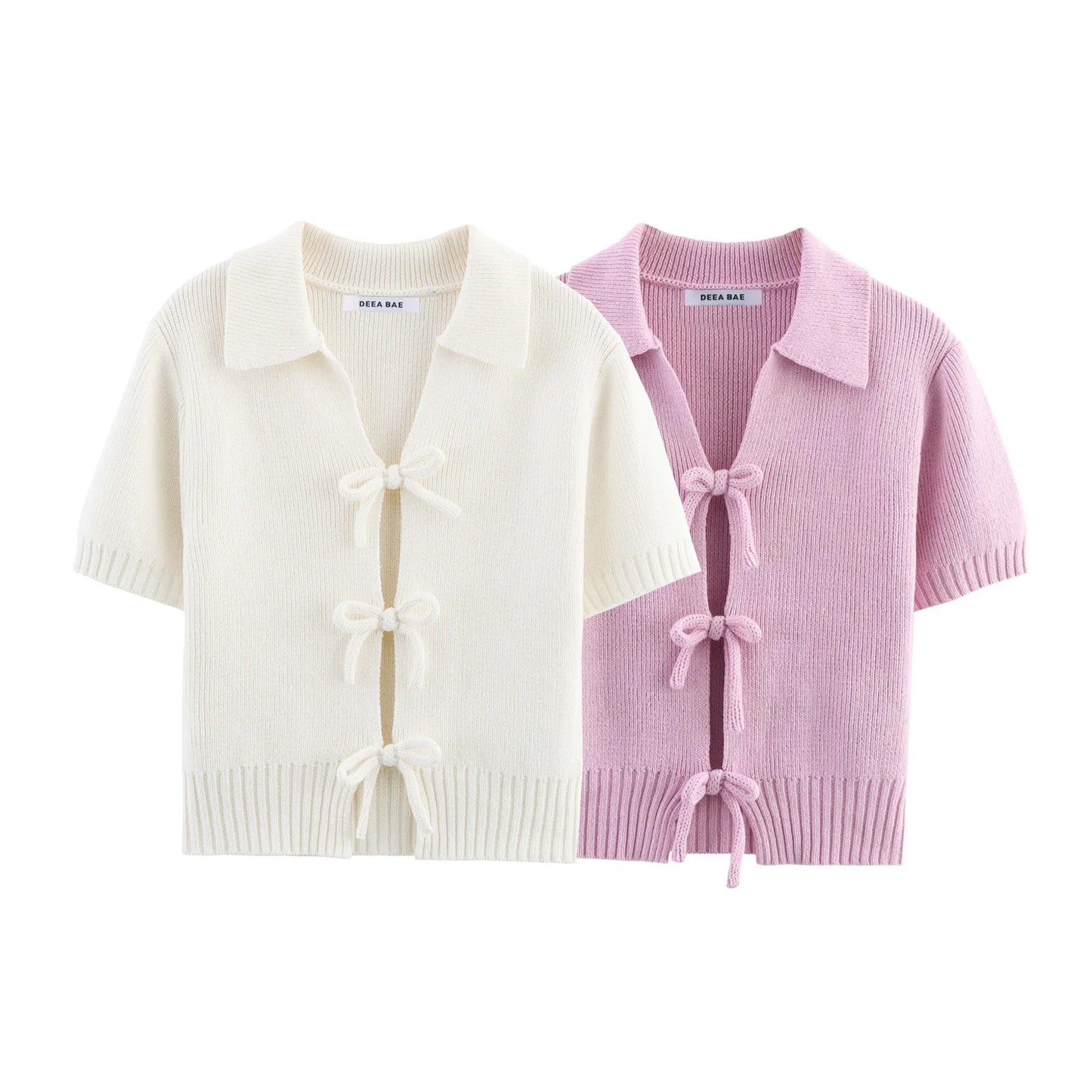 Women's Summer Bow Decoration Knitted Short Sleeved Round Neck Top T-shirt