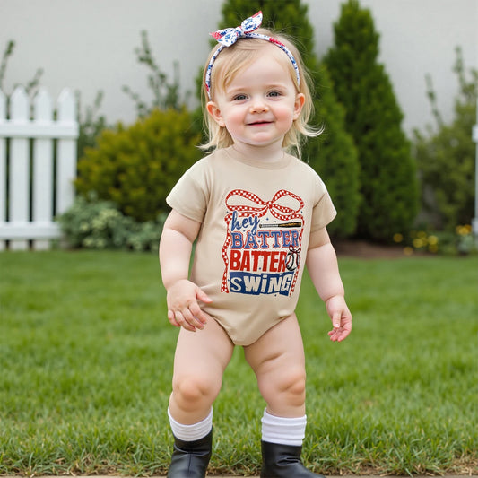 Lovely Baby Girls Baseball Bow Rompers - Short Sleeve Bodysuits (0-18M)