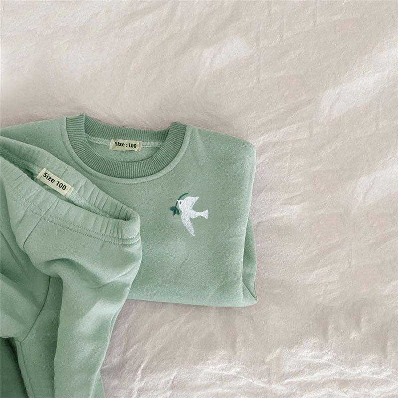 Children's 2Pcs Embroidery Thicken Fleece Warm Sweatshirt and Pants Set Outfit