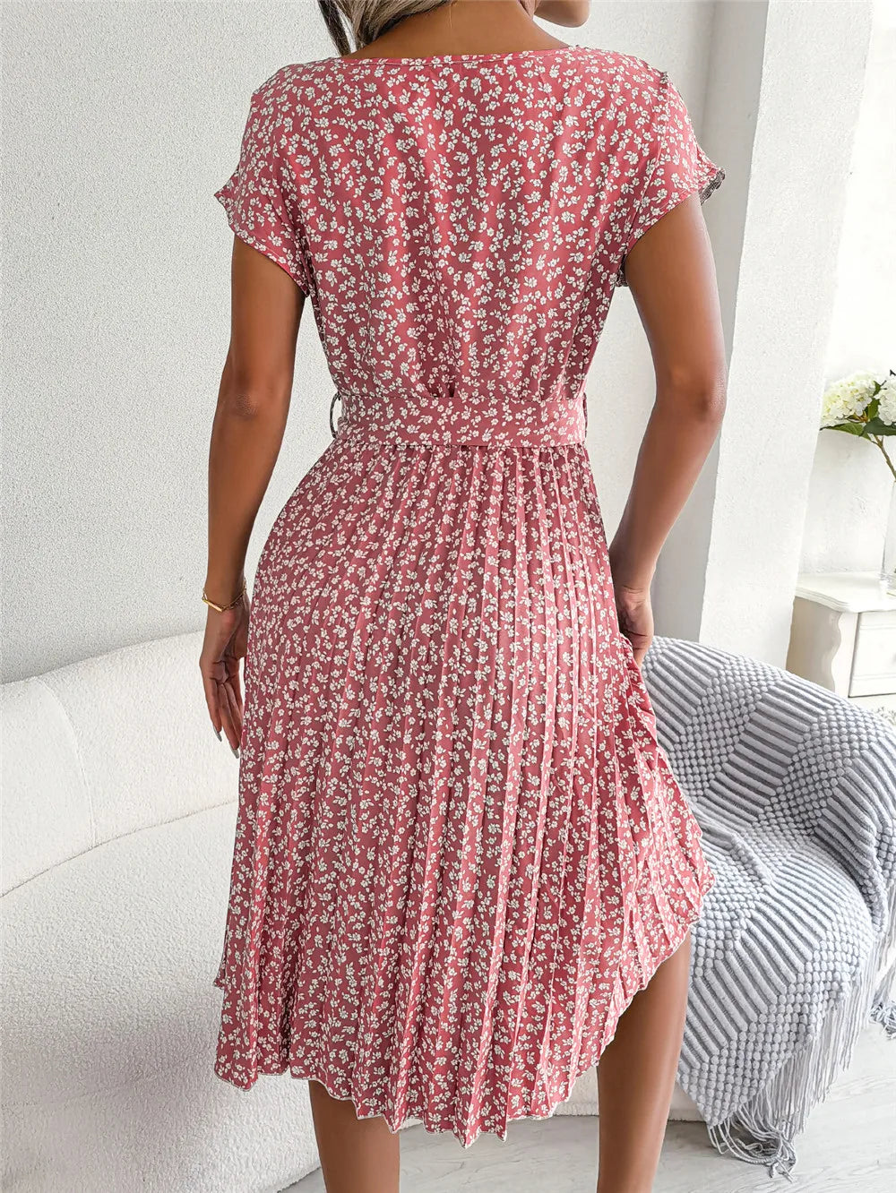 Women's Floral Pleated A Line Long Spring Summer Short Sleeve High Waist Chic Dress