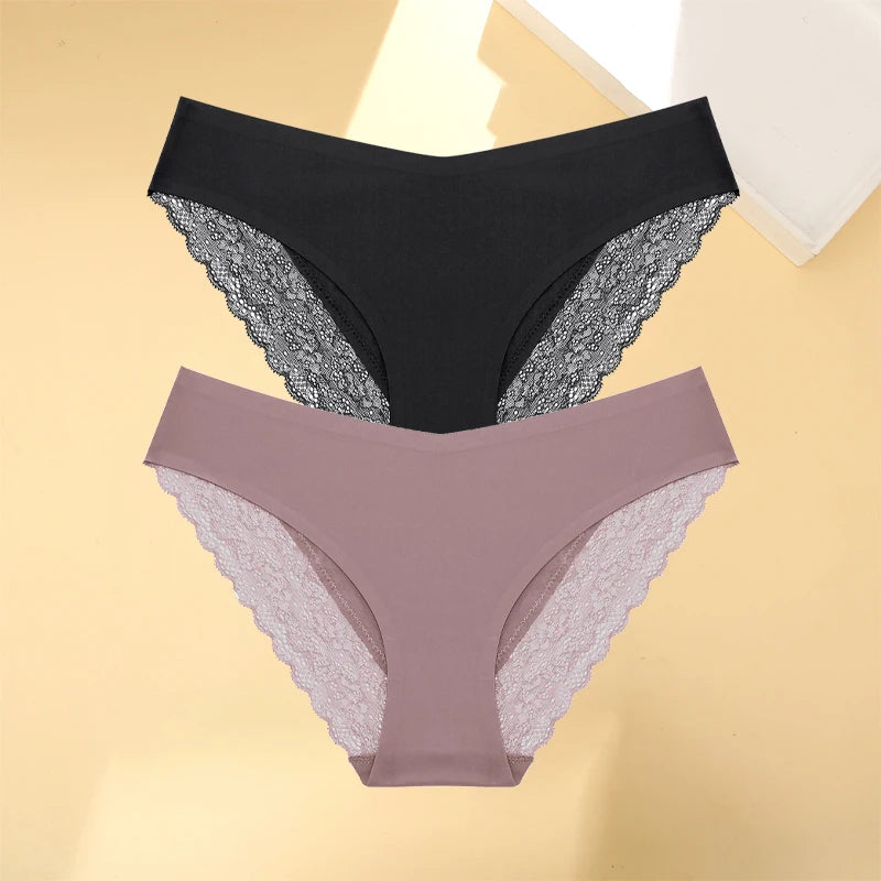 Women's 2Pcs Seamless Stretch Underwear Lace Floral Panties Recycled Materials Breathable Briefs Low Waist Comfort Lingerie