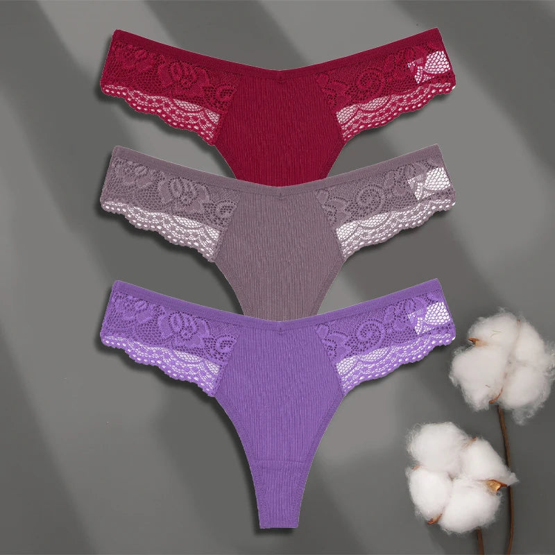 Cotton Lace Thongs - 3 Pack Low Waist Bikini Panties
