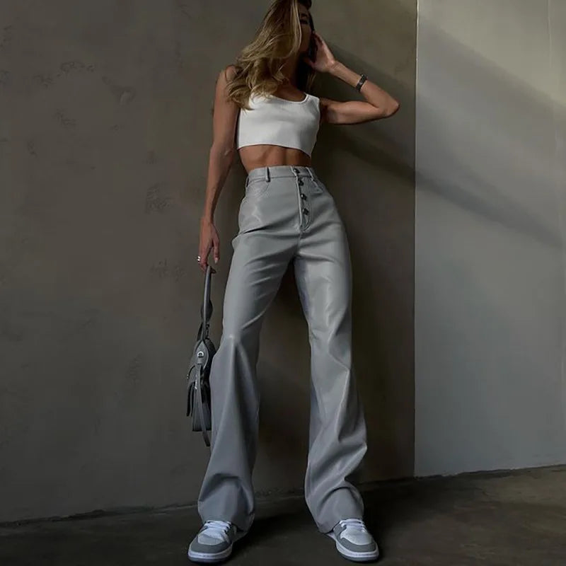 Women's PU Leather High Rise Button Up Straight Leg Trousers