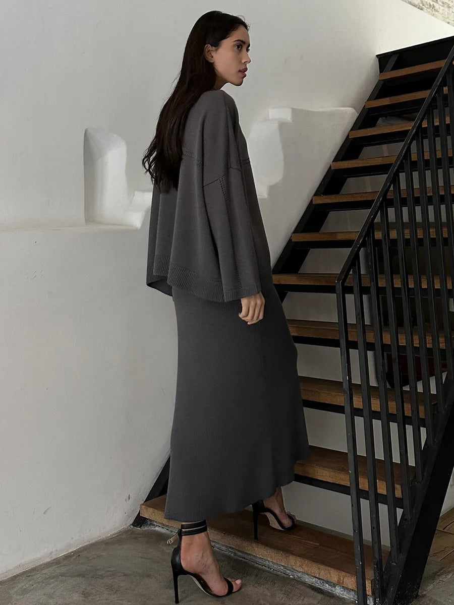 Women's Loose Sweater V-Neck Knit Pullover Top and Long High Waist Skirt 2 Piece Set
