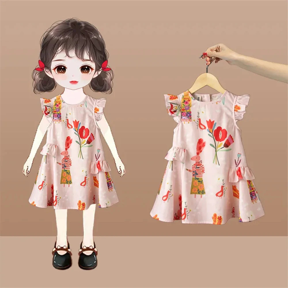 Girls' Round Neck Flying Sleeve Flower Print Dress